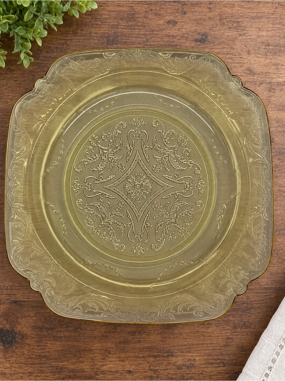 Vintage Amber Depression Glass Plates Set of 4 – Square Ornate Floral Scroll 8.5